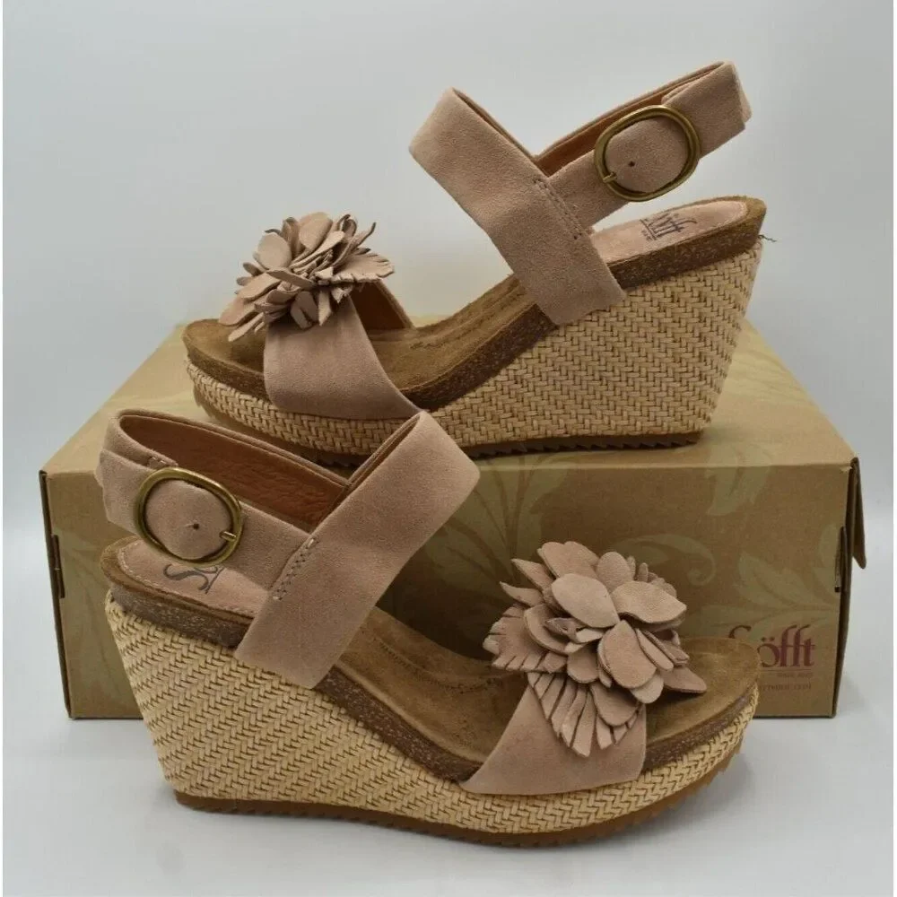 Sofft Womens Size 8 Cali Rose Taupe Suede‎ Wedge Sandals Shoes